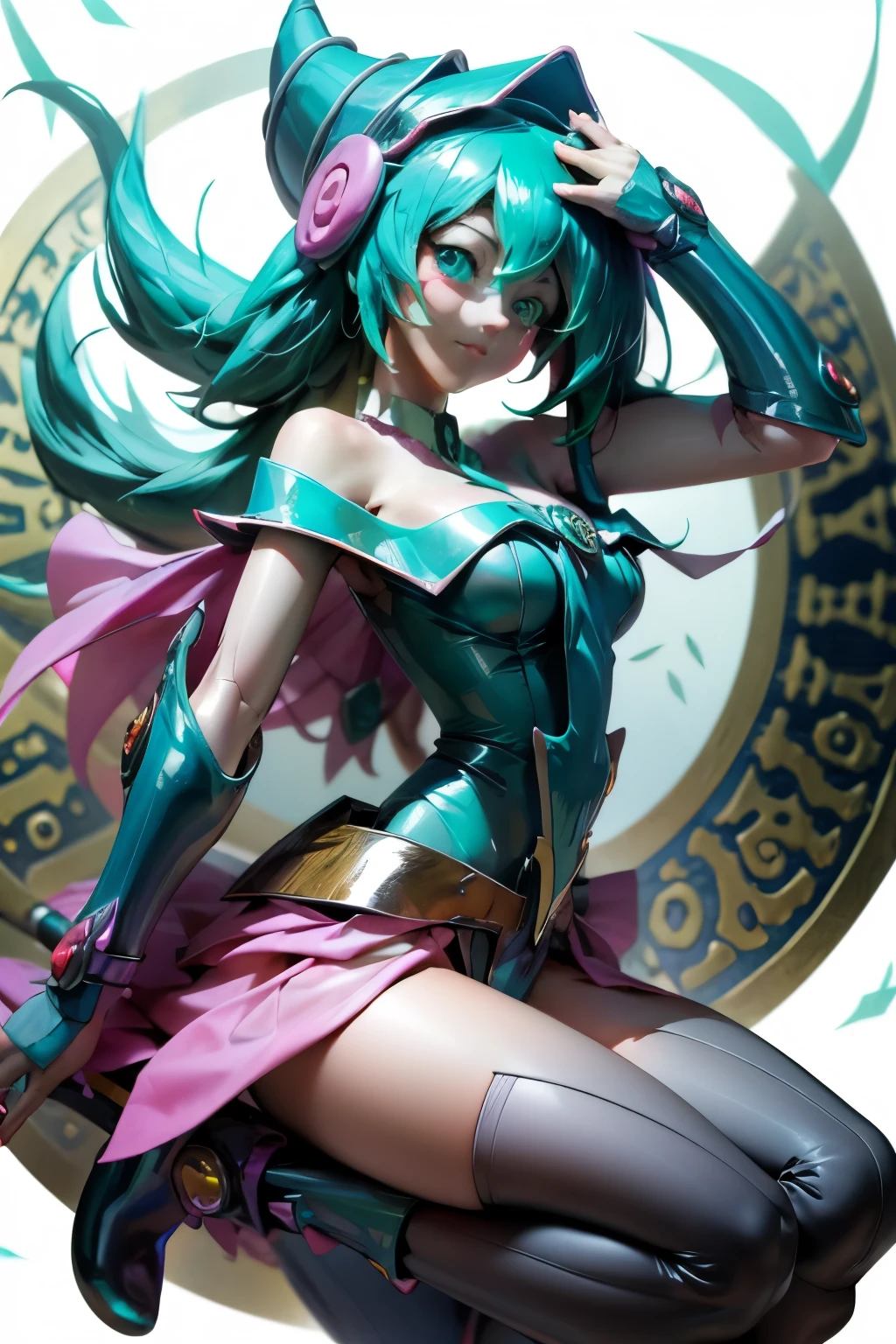Hatsune Miku disfrazada de dark magician gils. Pose sensual y seductora. Fondo de magia