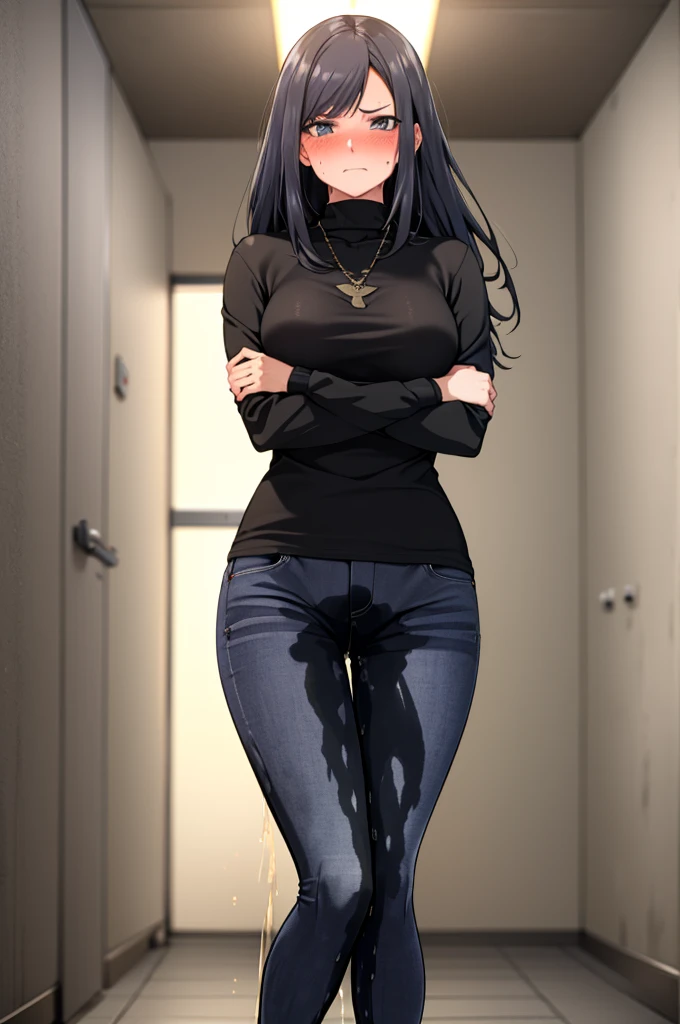 A woman with very long black hair and (very long bangs:1.5), wearing a stylish wool turtleneck sweater with jeans, long sleeves, (low-rise jeans:1.25), (low-cut jeans:1.25), standing. The artwork is inspired by manga and incorporates a doujin style. The woman appears to be (wetting herself:1.5), which causes her to feel embarrassed and humiliated, resulting in a blush on her face. In addition, there is an air of anger in her expression. The lighting in the scene is moody, with a spotlight highlighting the woman's figure. She is crossing her arms, (arms crossed:1.5), fully showcasing the very large pee stain on her jeans., large breasts, skinny