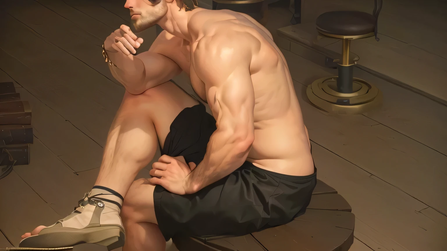 There is a man sitting with his legs crossed on a stool, With bare upper body :: hohe Detailgenauigkeit, Full body closeup, Muskelprotz-Pose, Lendenschurz, wearing Lendenschurz, thin male fantasy alchemist, Kleidung mit offenem V-Ausschnitt, Halbtotale eines gut gebauten, nachdenkliche pose, chest legs, Schlanker Mann mit hellbrauner Haut, Close-up of half body