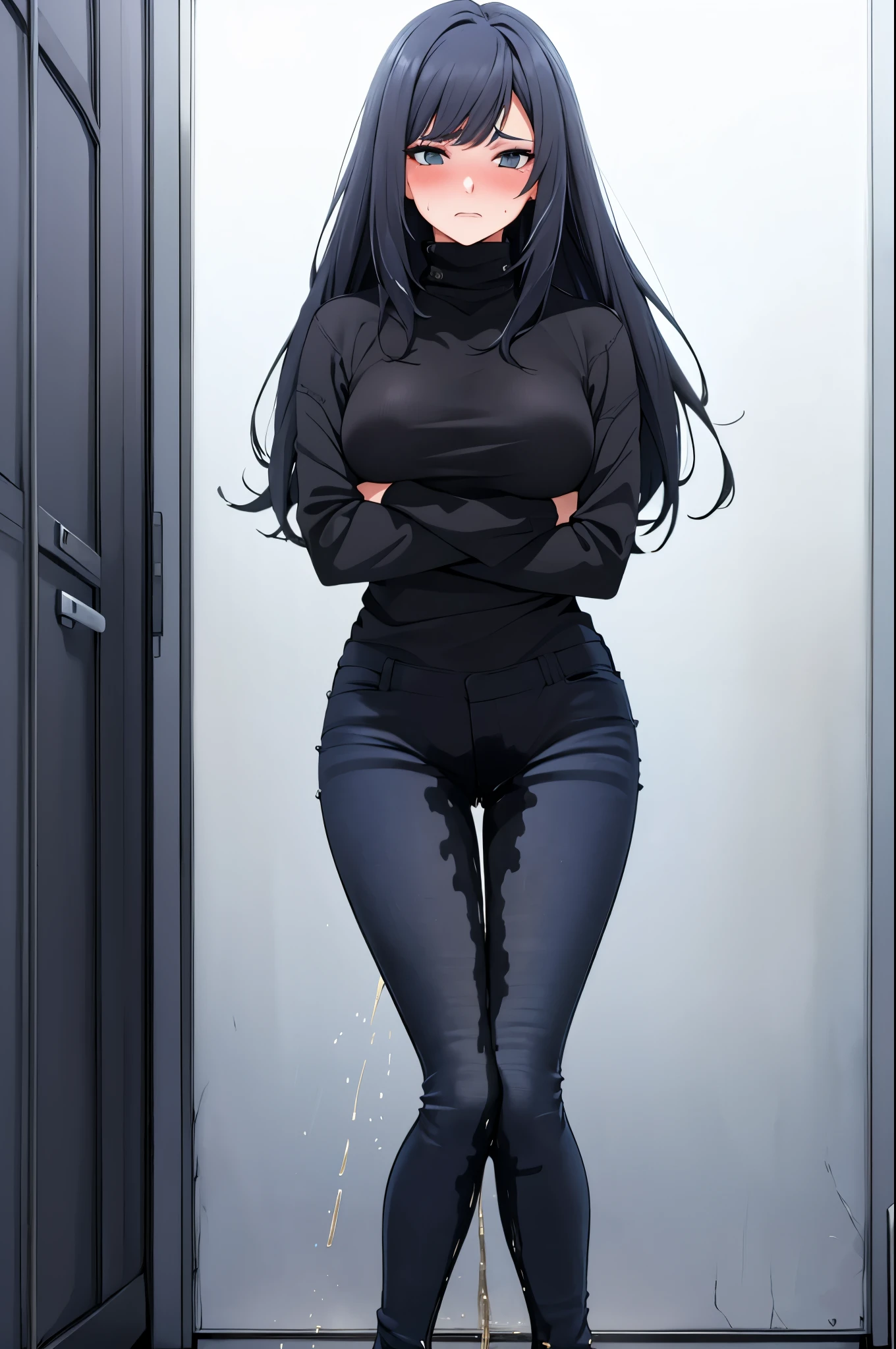 A woman with very long black hair and (very long bangs:1.5), wearing a stylish wool turtleneck sweater with jeans, long sleeves, (low-rise jeans:1.25), (low-cut jeans:1.25), standing. The artwork is inspired by manga and incorporates a doujin style. The woman appears to be (wetting herself:1.5), which causes her to feel embarrassed and humiliated, resulting in a blush on her face. In addition, there is an air of anger in her expression. The lighting in the scene is moody, with a spotlight highlighting the woman's figure. She is crossing her arms, (arms crossed:1.5), fully showcasing the very large pee stain on her jeans., large breasts, unzipped pants, thin