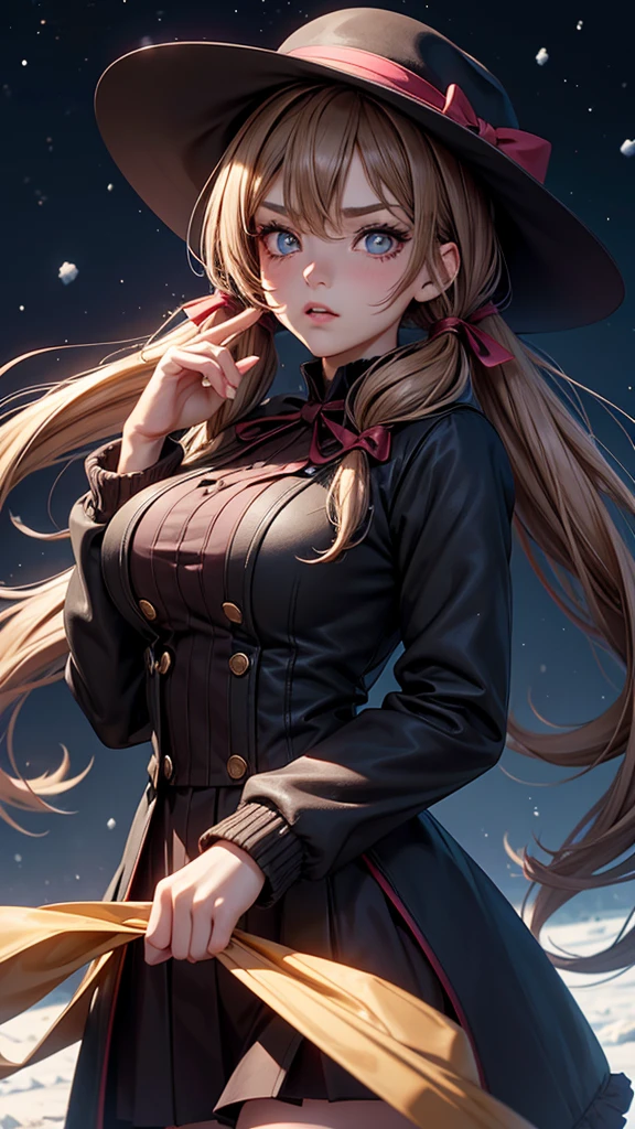 Starry eyes, it looks even more beautiful than immortal, Ahoge, hair, star-shaped pupils, amber eyes, colored contact lenses, blush, high detail, anime, romanticism, modern, gothic art, anime style, film lighting, ray tracing, motion rye, close-up, sony fe gm, uhd, high detail, top quality, 8k, big breasts, light brown hair, hat, twin tails, clean fingers, well-formed fingers, long jacket, ribbon, mystery, knitted hat, snow, anger, impatience