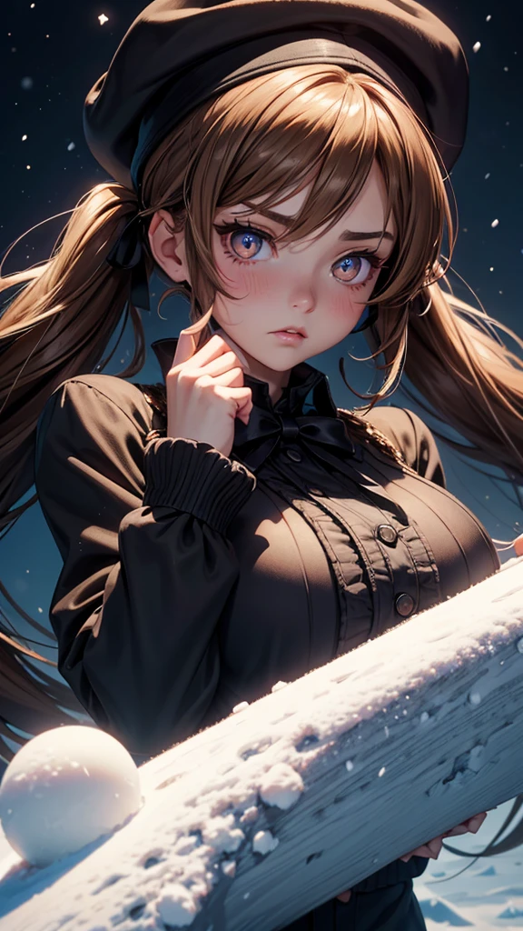 Starry eyes, it looks even more beautiful than immortal, Ahoge, hair, star-shaped pupils, amber eyes, colored contact lenses, blush, high detail, anime, romanticism, modern, gothic art, anime style, film lighting, ray tracing, motion rye, close-up, sony fe gm, uhd, high detail, top quality, 8k, big breasts, light brown hair, hat, twin tails, clean fingers, well-formed fingers, long jacket, ribbon, mystery, knitted hat, snow, anger, impatience