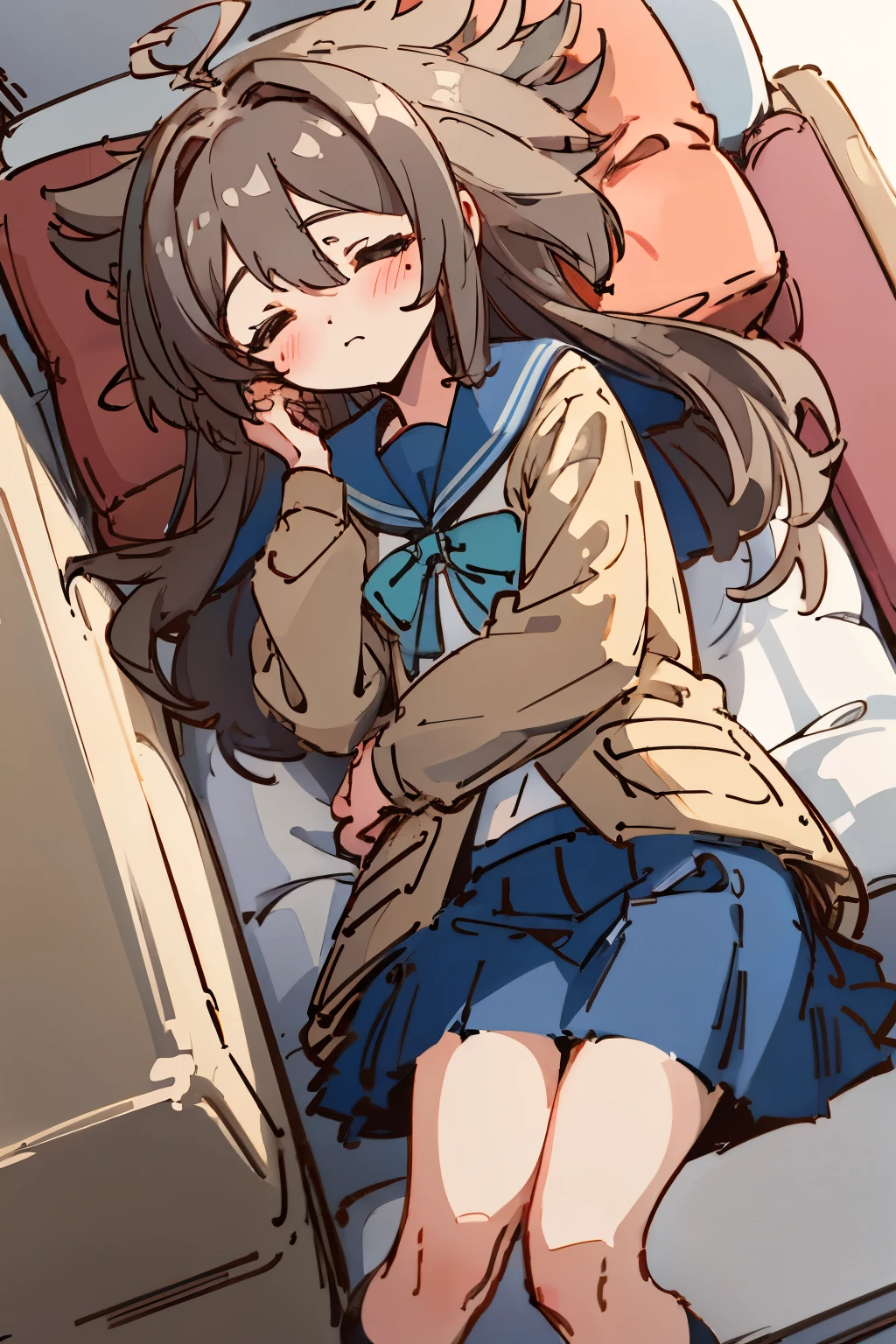 Neuro-sama, serafuku, brown jacket, beautiful, high quality, from above, laying down on couch, indoors, lying down, 1 girl, solo, cute, masterpiece, messy hair, long hair, closed eyes, hearts 