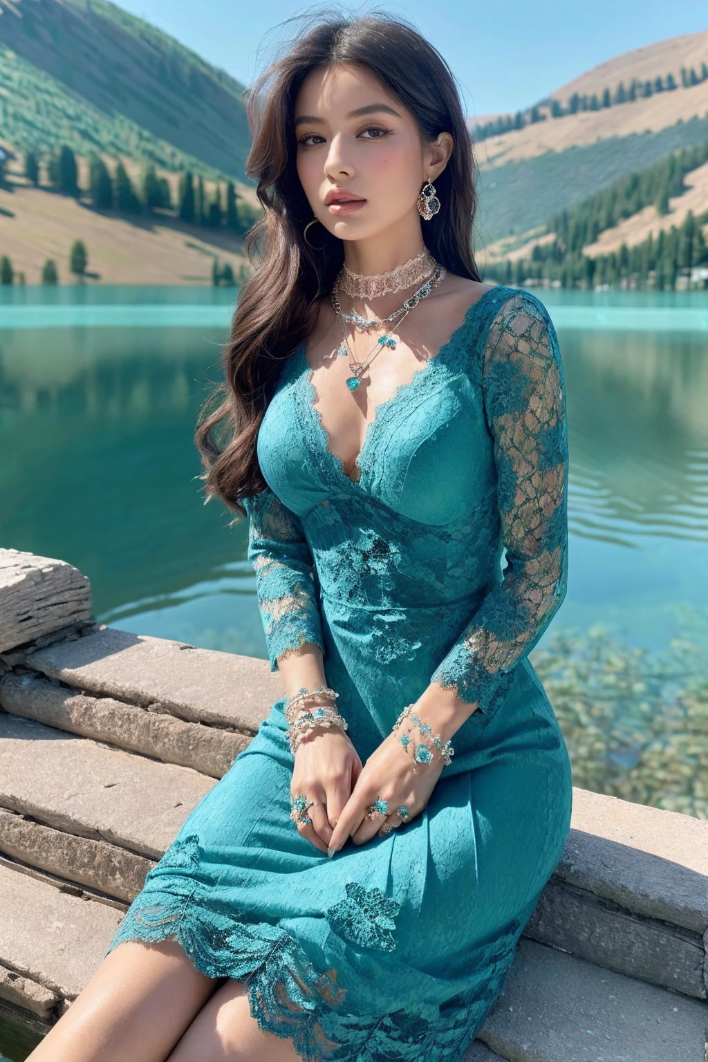 8k, masterpiece, 1 hot and sexy asian girl, beautiful face, very long  blue hair, light makeup, detailed eyes, detailed lips, small figure, detailed dress, teal dress, (wearing jewellery:1.8), (lace:1.4), (loops:1.4), bare waist:1.4, ((lake:1.4)), sitting, big breasts 