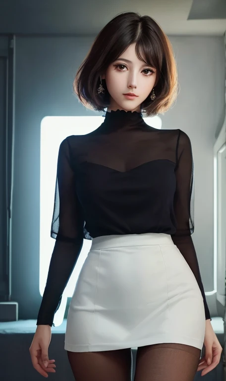 ((Top Quality、16K、​masterpiece:1.3))、a tall and beautiful woman、Perfect Figure:1.4、retro futuristic aesthetic, young girl (charming) solo, pale-brown hair (60s hairstyle), realistic hair, realistic eyes, pale-white skin (highlighted, realistic shading)、huge bust、Highly detailed facial and skin texture、(A detailed eye, Symmetry Eyes, Clear realistic eyes, Double eyelidd、Cold-stricken face、Symmetrical face), very  realistic skin, goth makeup, Royal sisters full of fans、The Telegraph Esbian、peach buttocks, white women's shirt, alternative skirt, black tights,  squart、(Raw foto:1.2)、((Photorealcitic:1.4))Top Quality、​masterpiece、Real Photography、very delicate and beautiful.、super detailed CG、Unity、8K photo wallpaper、delicate detail、best qualtiy、Highly detailed CG unity 16k wallpaper、absurderes、Incredibly Absurd、huge file size、extremely highly detailed、Hight Resolution、ighly Details、Beautiful detail girl、extremely beautiful eyes and face, cute eyes look、Facial light、cinematic lightings、(Proportional hips, thick thighs, beautiful legs, realistic pantyhose) 1girll、see -through, inside a futuristic bedroom (neon soft lights in the dark room), dream atmosphere、ulzzang-6500、The Telegraph Esbian, different poses at different angles,