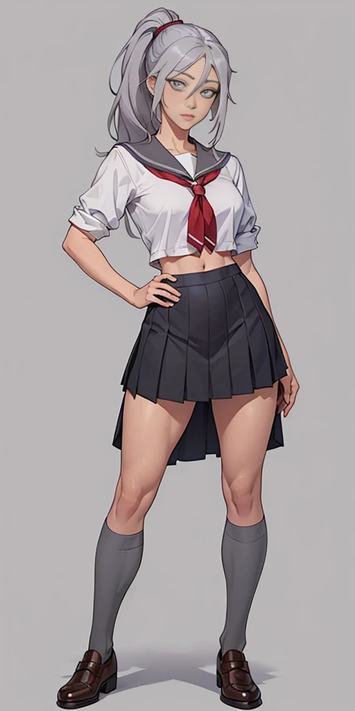 ((Masterpiece, plain background,1:2, masterpiece)) full body standing catolic SCHOOL GIRL UNIFORM, BROWN SHOES, hands on waist, navel, (Vladilena Milize) (grey eyes:1.5), grey hair, hair between eyes, long hair, hair ponytail