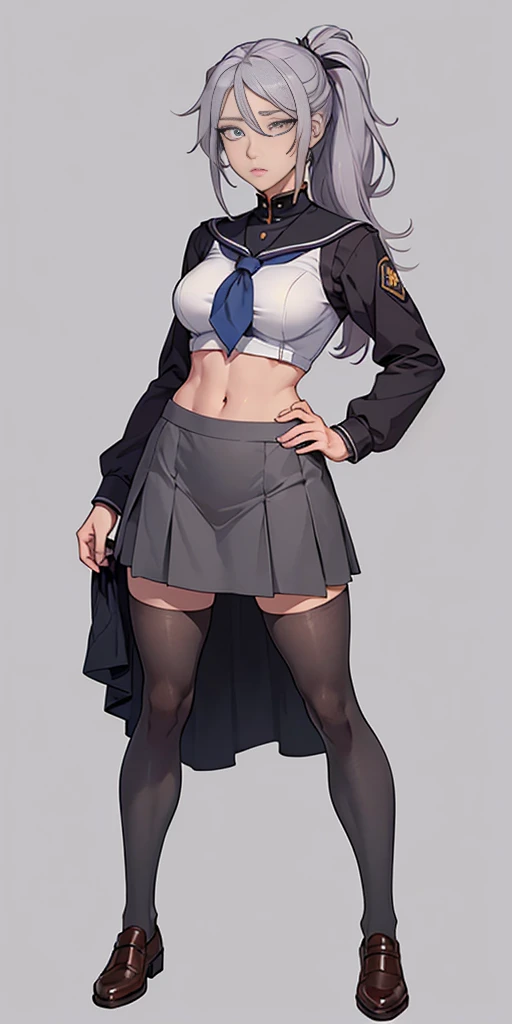 ((Masterpiece, plain background,1:2, masterpiece)) full body standing catolic SCHOOL GIRL UNIFORM, BROWN SHOES, hands on waist, navel, (Vladilena Milize) (grey eyes:1.5), grey hair, hair between eyes, long hair, hair ponytail