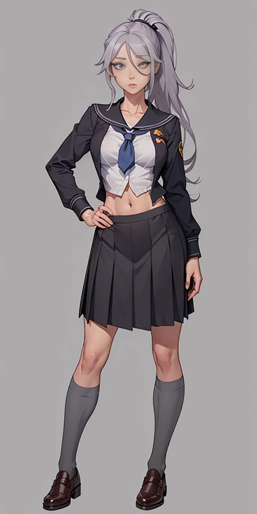 ((Masterpiece, plain background,1:2, masterpiece)) full body standing catolic SCHOOL GIRL UNIFORM, BROWN SHOES, hands on waist, navel, (Vladilena Milize) (grey eyes:1.5), grey hair, hair between eyes, long hair, hair ponytail