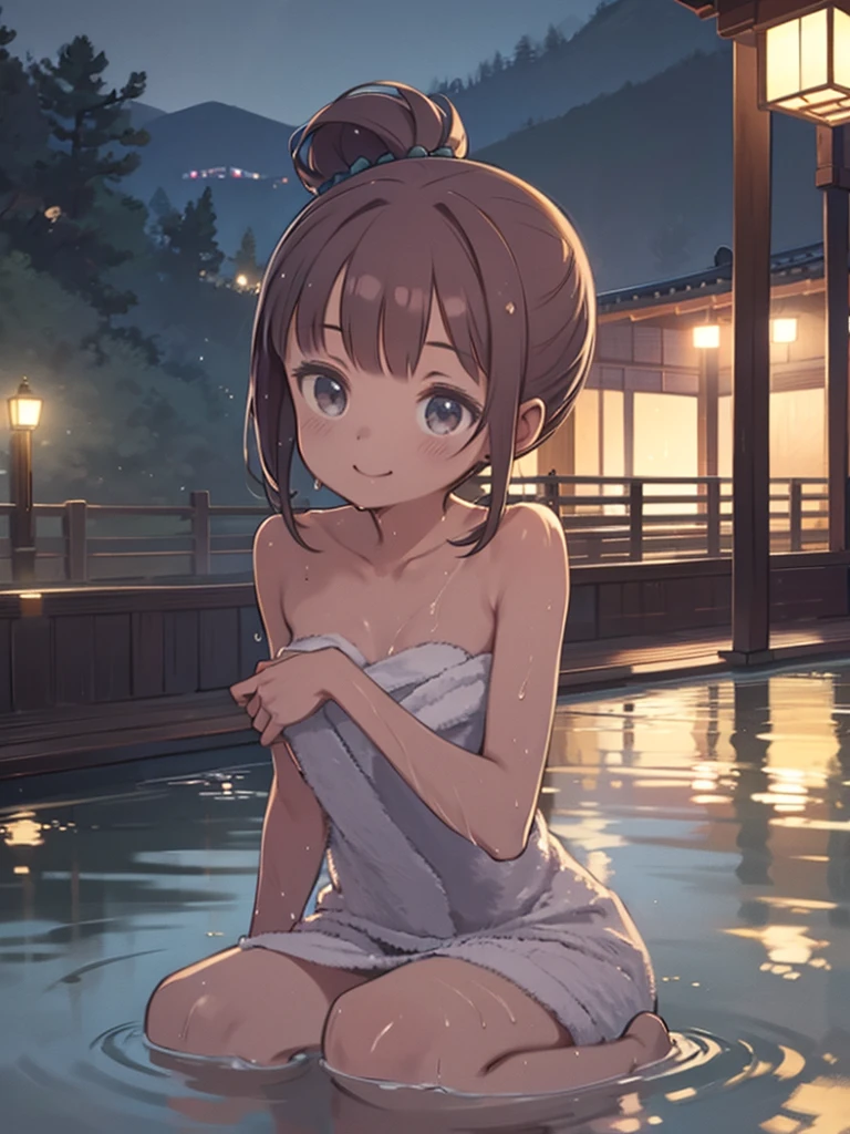 masterpiece, Super Detail, highest quality, beautiful girl, Short Ponytail, Wrap a towel around your head, bathing, Japanese hot springs, Happy, Wet, vapor, night,