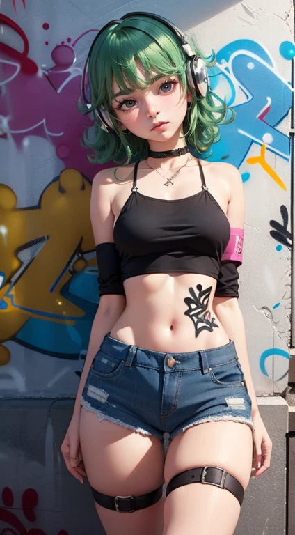 masterpiece, best quality, (extremely detailed CG unity 8k wallpaper, masterpiece, best quality, ultra-detailed, masterpiece, best quality, 1girl, solo, crop top, denim shorts, choker, (graffiti:1.5), paint splatter, arms behind back, against wall, looking at viewer, armband, thigh strap, paint on body, head tilt, bored, multicolored hair, aqua eyes, headset, Tatsumaki,