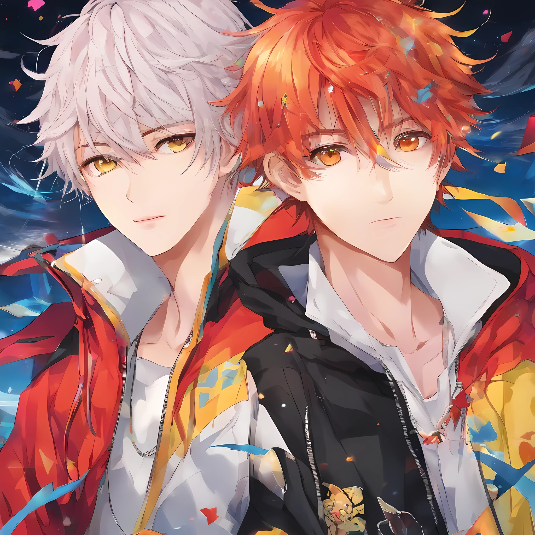(best quality, highres:1.2, ultra-detailed, realistic:1.37), vibrant colors, studio lighting, portraits, detailed eyes, detailed lips, two boys, short blond hair, yellow eyes, 20 years old, long red hair, heterochromia in a nuanced、In the picture with strong sense of reality,Showing the characters of two boys。One of the boys has short hair and bright yellow eyes,Age about 20 years;And the other boy has long red hair,And have heterochromatic eyes。This painting is full of vibrant colors and detailed lighting.,Bring the characters to life。
