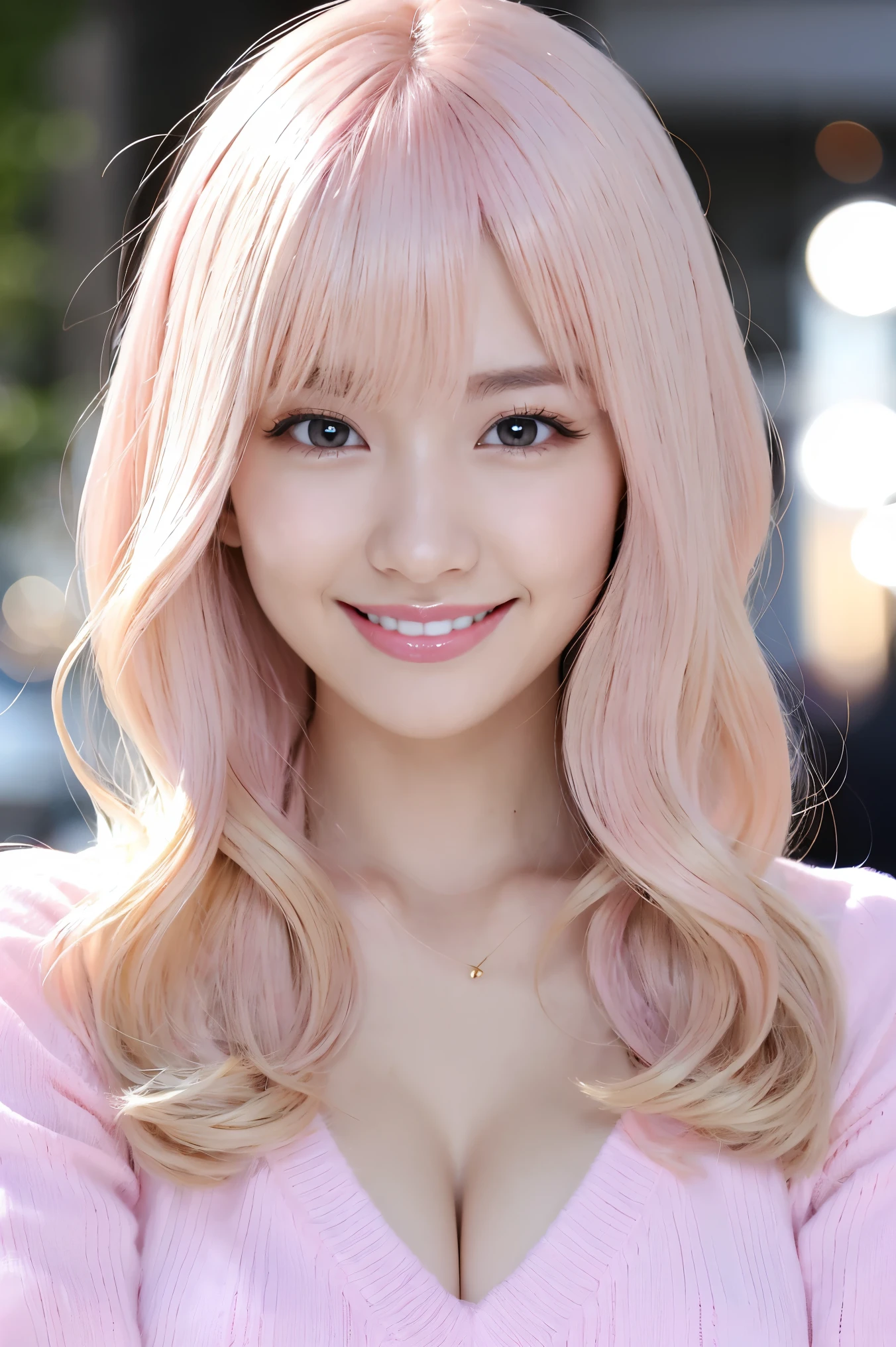 (Tabletop、highest quality、8k、Award-winning works、Ultra-high resolution)、One beautiful woman、(Fluffy light pink V-neck long sleeve knit:1.3)、(golden and pink hair:1.2)、(Blonde:1.2)、Bright color contacts、Perfect Makeup、Bright and shiny lipstick、(Very heavy makeup:1.1)、(Pink Eyeshadow:1.1)、Heavy makeup around the eyes、(Face close-up:1.2)、Very long wavy hair、The best smile you ever had when you saw me、(Accentuate your body lines:1.1)、(Strongly blurred vibrant Harajuku streetscape background:1.1)、(Strongly blurred background:1.1)、Accurate anatomy、Ultra HD Hair、(Ultra-high resolutionの完璧な美しい歯:1.1)、Ultra-high definition beauty face、Ultra HD Hair、Ultra HD Shining Eyes、輝くUltra-high resolutionの美肌、Ultra-high resolutionの艶やかな唇