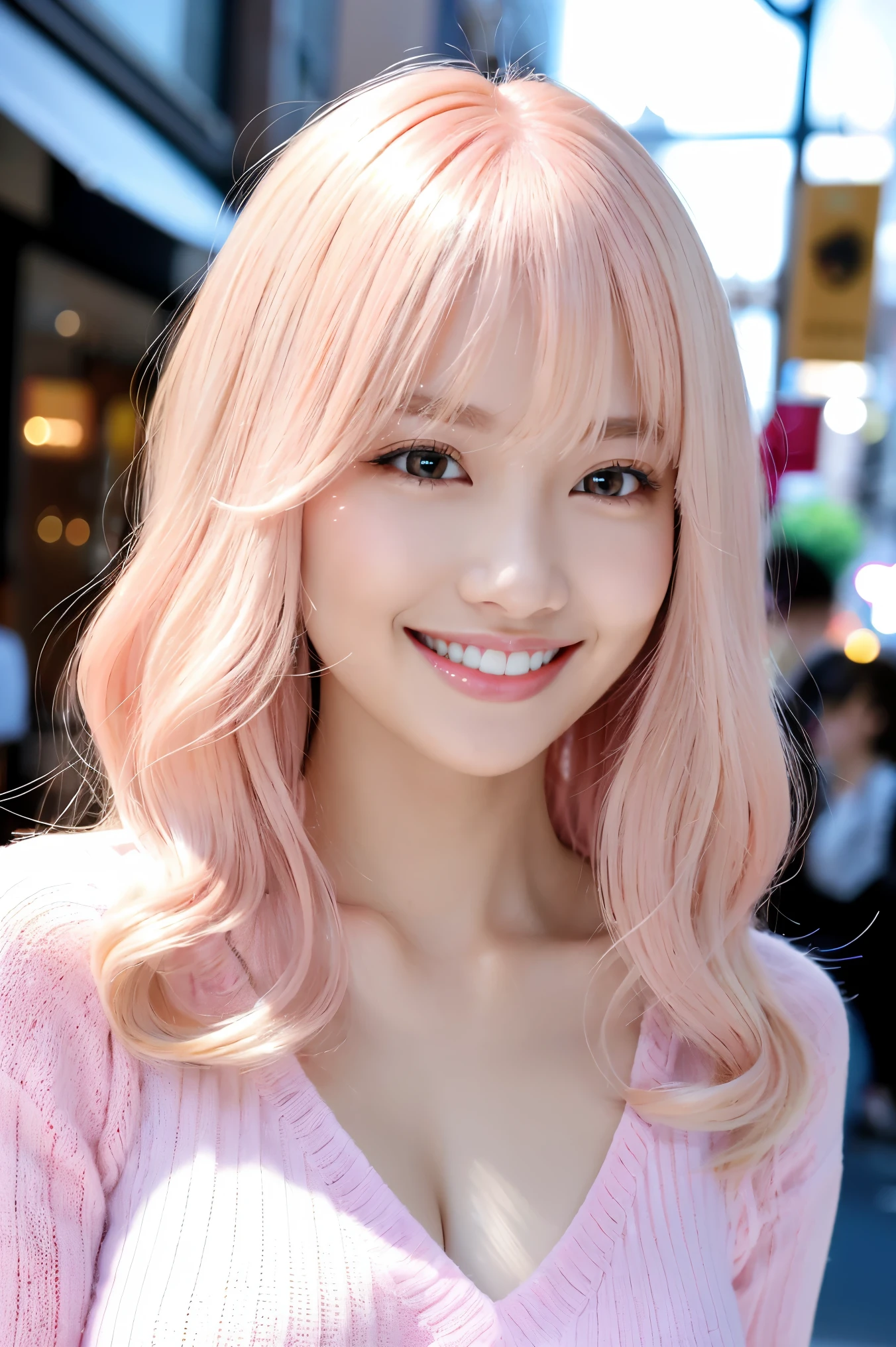 (Tabletop、highest quality、8k、Award-winning works、Ultra-high resolution)、One beautiful woman、(Fluffy light pink V-neck long sleeve knit:1.3)、(golden and pink hair:1.2)、(Blonde:1.2)、Bright color contacts、Perfect Makeup、Bright and shiny lipstick、(Very heavy makeup:1.1)、(Pink Eyeshadow:1.1)、Heavy makeup around the eyes、(Face close-up:1.2)、Very long wavy hair、The best smile you ever had when you saw me、(Accentuate your body lines:1.1)、(Strongly blurred vibrant Harajuku streetscape background:1.1)、(Strongly blurred background:1.1)、Accurate anatomy、Ultra HD Hair、(Ultra-high resolutionの完璧な美しい歯:1.1)、Ultra-high definition beauty face、Ultra HD Hair、Ultra HD Shining Eyes、輝くUltra-high resolutionの美肌、Ultra-high resolutionの艶やかな唇