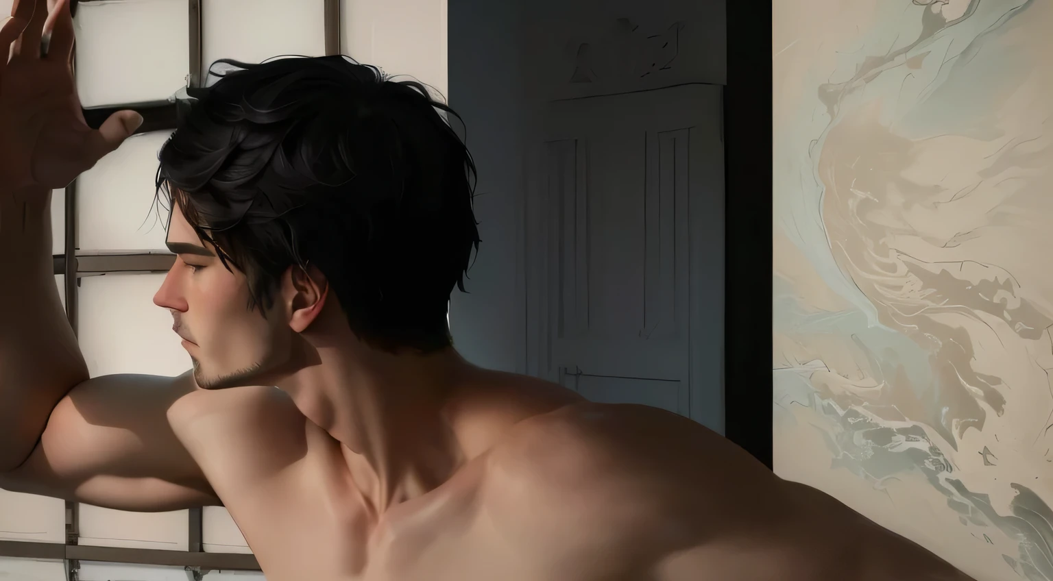 Da steht ein Mann vor einem Fenster, Close-up of half body, Hals herangezoomt from lips down, With bare upper body :: hohe Detailgenauigkeit, Hals herangezoomt, Upper body facial shot, Nahaufnahme von Shinji Aramaki, Full body closeup, Profilpose, Avatar aus zweitem Leben, laszive Pose