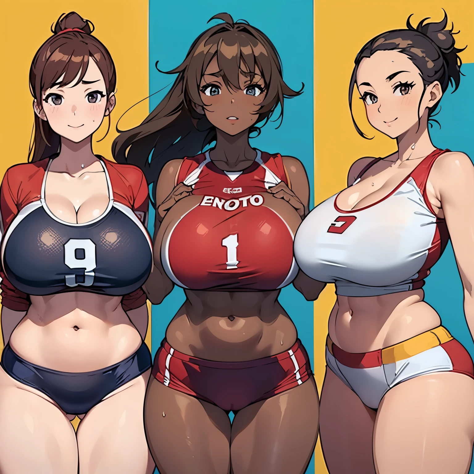 best quality, 4k, masterpiece, ultra-detailed, studio lighting, cheerful, vibrant expression, ((sexy volleyball player trio lined up)), gigantic breasts, cleavage of the breast, a blond, teats, thighs thighs thighs thighs, red uniform, very small uniform, uniform was wet, Dark skin, ladies, Brown hair, curvy body, ((sfw:1.3)), anime cels style,