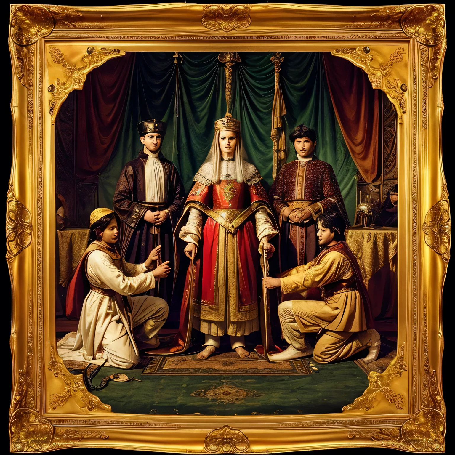 The photo of a 17-year-old boy with pants and glasses, all the kings and queens of the world in different religions kneel for this boy and respect him, and some men and women slaves, whose feet are tied with ropes, who are white, point at the 17-year-old boy and laugh. They make fun of this work of art to be made in Da Vinci style Be careful, you must put these few people in the picture, the king and queens, slaves and a 17-year-old boy, and make this art in the style of the great painter Da Vinci.Make sure to make the art in the style of the great painter Da Vinci and use several people, the hearts of this art are kings and queens, a 17-year-old boy and slaves. The quality of the photo should be very high, the 17-year-old boy should have glasses
