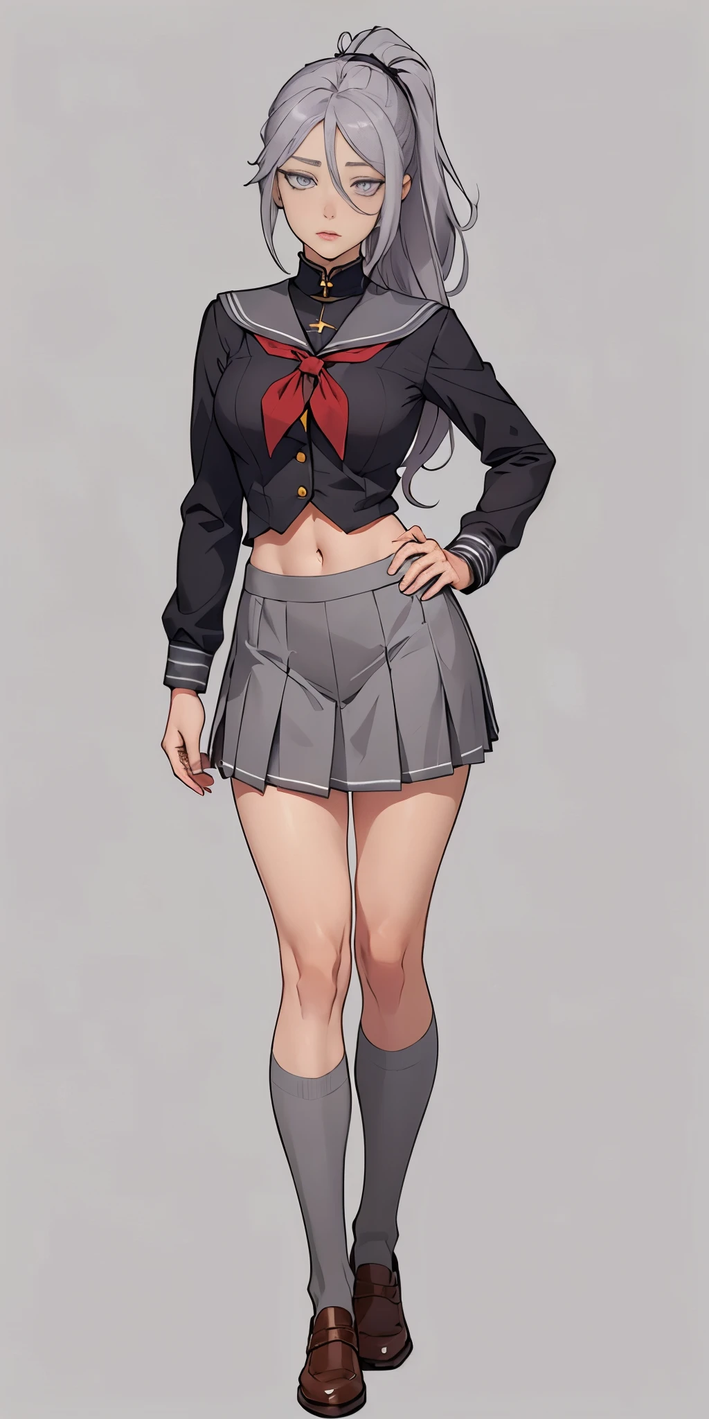 ((Masterpiece, plain background,1:2, masterpiece)) full body standing catolic SCHOOL GIRL UNIFORM, BROWN SHOES, hands on waist, navel, (Vladilena Milize) (grey eyes:1.5), grey hair, hair between eyes, long hair, hair ponytail