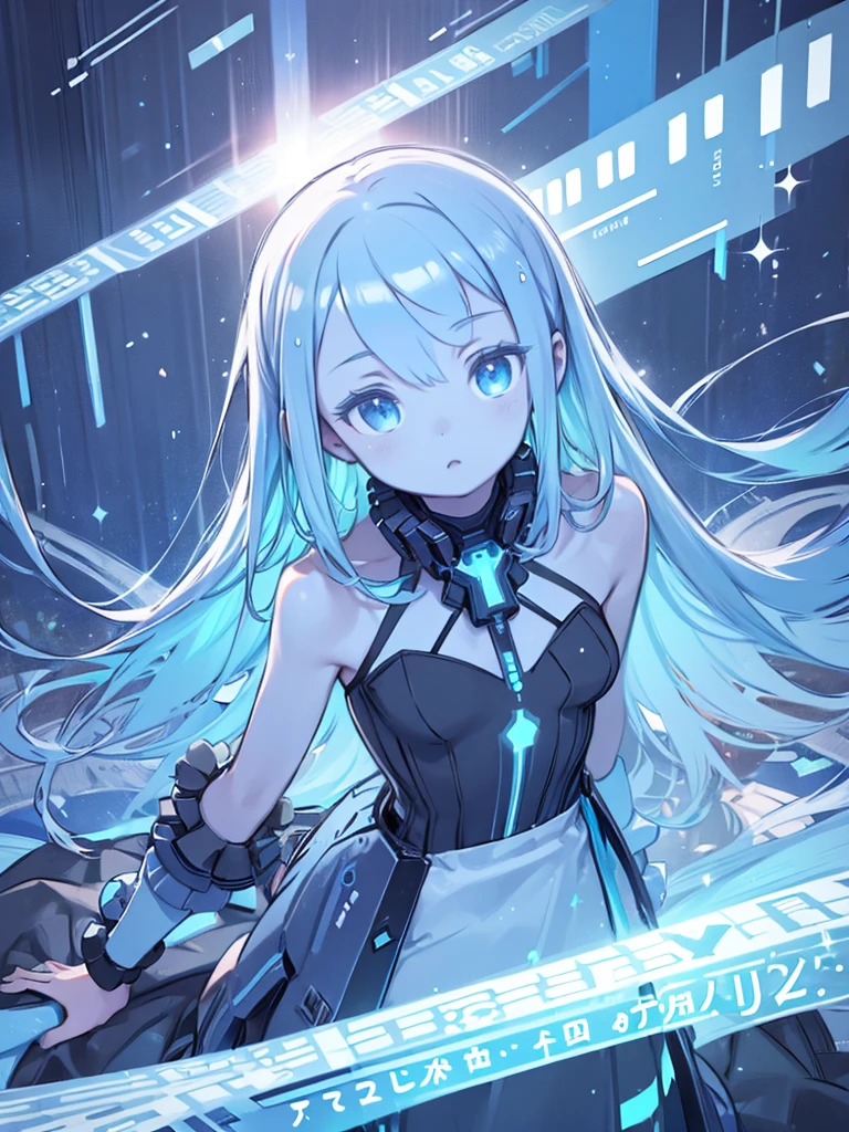 ((masterpiece)), (highest quality), (detailed), (One girl), (Internal Data Stream) Light blue gradient hair, Glowing blue eyes, Straight hair, Wearing a modern white shirt and black dress, Covered in data particles, Locked around the neck
