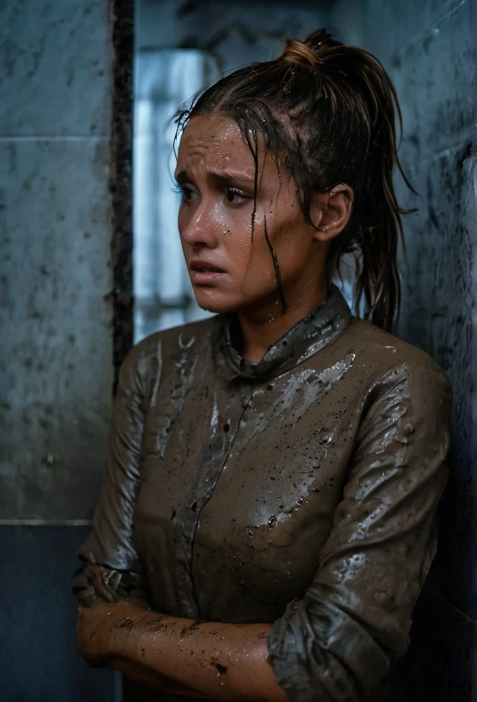 Jeans,covered with mud,brown long ponytail haircut,Detailed eyes and face,expression of despair,blouse,Dark and moody lighting,shameful fetish atmosphere,desperation,Bathroom,In a mud bath,Fading woman