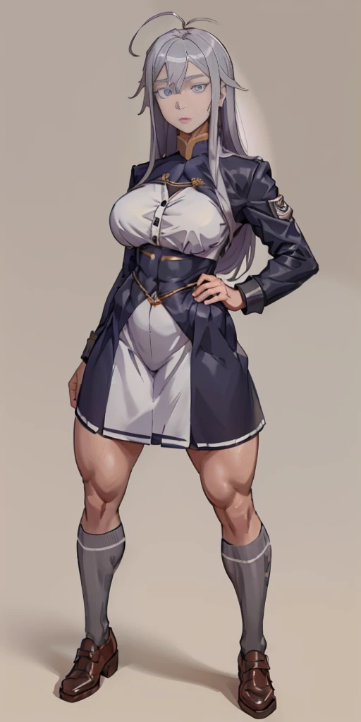 ((Masterpiece, plain background,1:2, masterpiece)) full body standing SCHOOL GIRL UNIFORM, BROWN SHOES, hands on waist, navel, (Vladilena Milize) (grey eyes:1.5), grey hair, hair between eyes, long hair