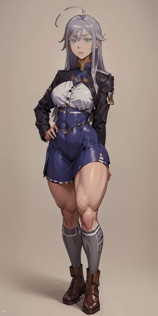 ((Masterpiece, plain background,1:2, masterpiece)) full body standing SCHOOL GIRL UNIFORM, BROWN SHOES, hands on waist, navel, (Vladilena Milize) (grey eyes:1.5), grey hair, hair between eyes, long hair