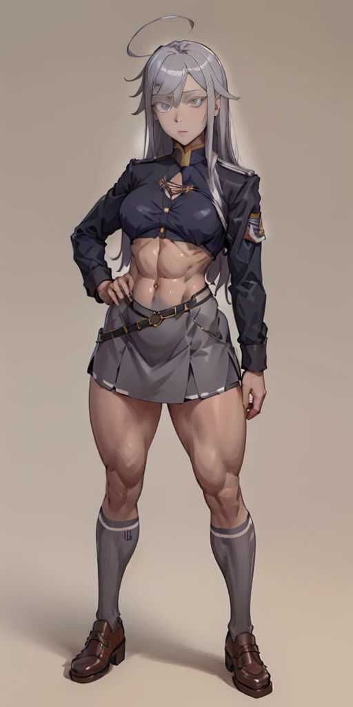 ((Masterpiece, plain background,1:2, masterpiece)) full body standing SCHOOL GIRL UNIFORM, BROWN SHOES, hands on waist, navel, (Vladilena Milize) (grey eyes:1.5), grey hair, hair between eyes, long hair