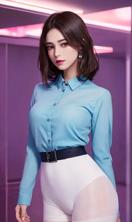 ((Top Quality、16K、​masterpiece:1.3))、a tall and beautiful woman、Perfect Figure:1.4、retro futuristic aesthetic, young girl (charming) solo, pale-brown hair (60s hairstyle), realistic hair, realistic eyes, pale-white skin (highlighted, realistic shading)、huge bust、Highly detailed facial and skin texture、(A detailed eye, Symmetry Eyes, Clear realistic eyes, Double eyelidd、Cold-stricken face、Symmetrical face), very  realistic skin, goth makeup, Royal sisters full of fans、The Telegraph Esbian、peach buttocks, white women's shirt, alternative skirt, black tights,  squart、(Raw foto:1.2)、((Photorealcitic:1.4))Top Quality、​masterpiece、Real Photography、very delicate and beautiful.、super detailed CG、Unity、8K photo wallpaper、delicate detail、best qualtiy、Highly detailed CG unity 16k wallpaper、absurderes、Incredibly Absurd、huge file size、extremely highly detailed、Hight Resolution、ighly Details、Beautiful detail girl、extremely beautiful eyes and face, cute eyes look、Facial light、cinematic lightings、(Proportional hips, thick thighs, beautiful legs, realistic pantyhose) 1girll、see -through, inside a futuristic bedroom, neon soft lights in the dark room (soft magenta and ocean lights) , dream atmosphere、ulzzang-6500、The Telegraph Esbian, different poses at different angles,