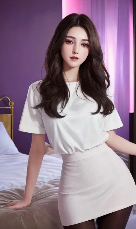 ((Top Quality、16K、​masterpiece:1.3))、a tall and beautiful woman、Perfect Figure:1.4、retro futuristic aesthetic, young girl (charming) solo, pale-brown hair (60s hairstyle), realistic hair, realistic eyes, pale-white skin (highlighted, realistic shading)、huge bust、Highly detailed facial and skin texture、(A detailed eye, Symmetry Eyes, Clear realistic eyes, Double eyelidd、Cold-stricken face、Symmetrical face), very  realistic skin, goth makeup, Royal sisters full of fans、The Telegraph Esbian、peach buttocks, white women's shirt, alternative skirt, black tights,  squart、(Raw foto:1.2)、((Photorealcitic:1.4))Top Quality、​masterpiece、Real Photography、very delicate and beautiful.、super detailed CG、Unity、8K photo wallpaper、delicate detail、best qualtiy、Highly detailed CG unity 16k wallpaper、absurderes、Incredibly Absurd、huge file size、extremely highly detailed、Hight Resolution、ighly Details、Beautiful detail girl、extremely beautiful eyes and face, cute eyes look、Facial light、cinematic lightings、(Proportional hips, thick thighs, beautiful legs, realistic pantyhose) 1girll、see -through, inside a futuristic bedroom, neon soft lights in the dark room (soft magenta and ocean lights) , dream atmosphere、ulzzang-6500、The Telegraph Esbian, different poses at different angles,