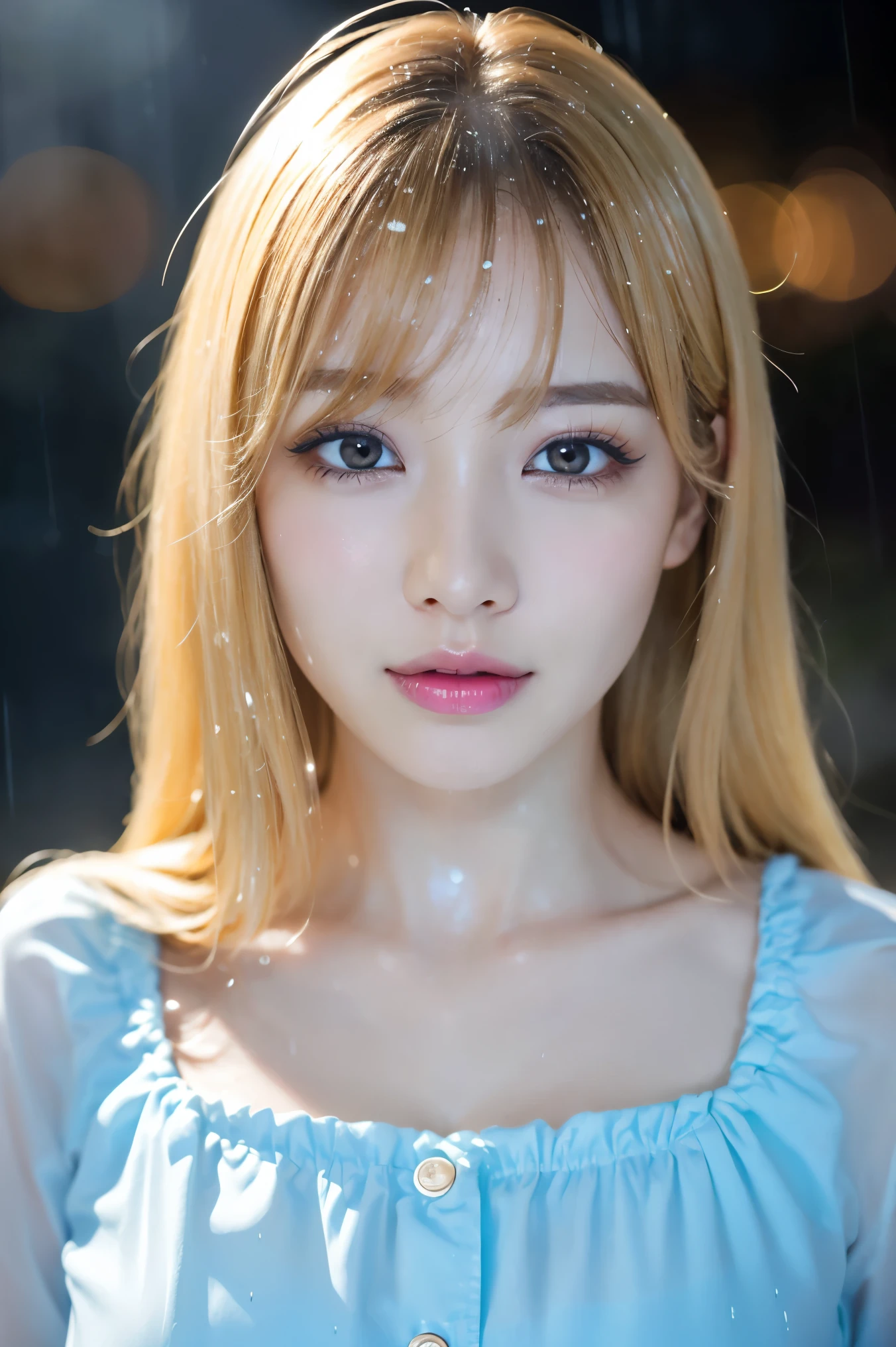 (Tabletop、highest quality、8k、Award-winning works、Ultra-high resolution)、One beautiful woman、(Soaked shirt:1.2)、(Soaking wet blonde:1.2)、(Soaking wet blonde:1.2)、(Wet and shiny hair:1.2)、(The wettest skin:1.2)、(Ultra-high resolution, Realistic water splashes:1.2)、(完璧で最も自然なUltra-high resolutionの水しぶき:1.2)、Colored contact lenses、Perfect Makeup、Long eyelashes、Beautiful eyeshadow、Bright and shiny lipstick、(Very heavy rain is falling:1.4)、(Glowing Skin:1.2)、(A soaked woman:1.2)、(Face close-up:1.1)、(Strongly blurred Shibuya city background:1.1)、(Strongly blurred background:1.1)、Accurate anatomy、Ultra HD Hair、(Ultra-high resolutionの完璧な美しい歯:1.1)、Ultra-high resolution beauty face、Ultra HD Hair、Ultra-high resolution sparkling eyes、輝くUltra-high resolutionの美肌、Ultra-high resolutionの艶やかな唇