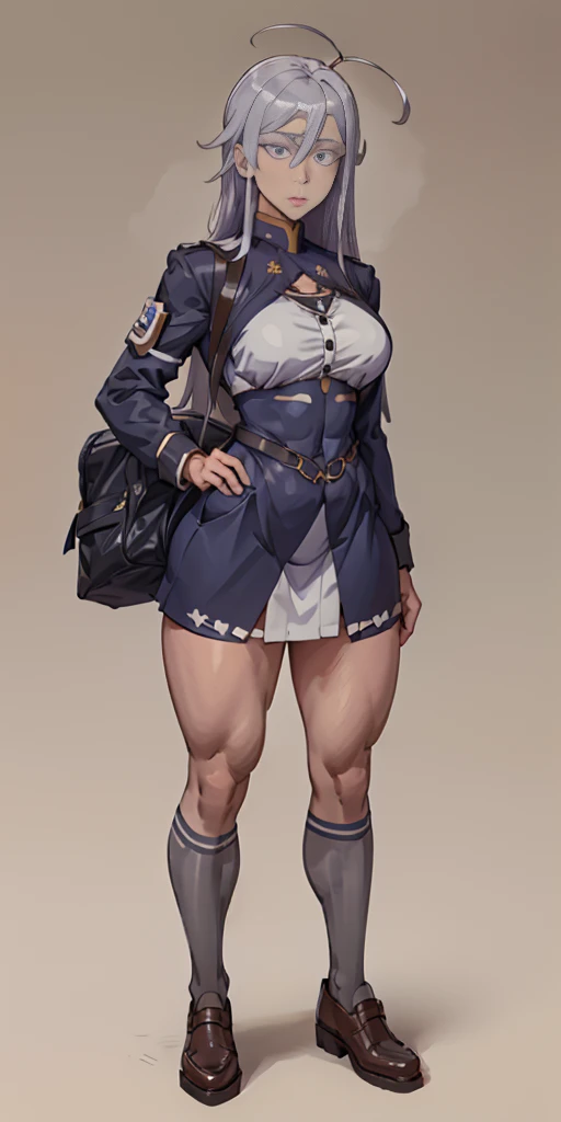 ((Masterpiece, plain background,1:2, masterpiece)) full body standing SCHOOL GIRL UNIFORM, BROWN SHOES, hands on waist, navel, (Vladilena Milize) (grey eyes:1.5), grey hair, hair between eyes, long hair
