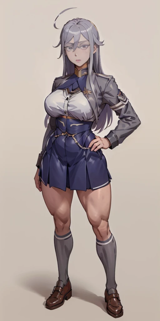 ((Masterpiece, plain background,1:2, masterpiece)) full body standing SCHOOL GIRL UNIFORM, BROWN SHOES, hands on waist, navel, (Vladilena Milize) (grey eyes:1.5), grey hair, hair between eyes, long hair