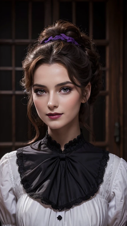 Jeune femme de 25 ans, visage fin, cheveux long, yeux marrons, HD, 8K, masterpiece, sourire romantique, sexy, maquillage noir, black lips, tenue gothique, vêtements noirs et violets, toile d'araignée en dentelle, cheveux noirs et violets, dans un manoir, dracula, orage