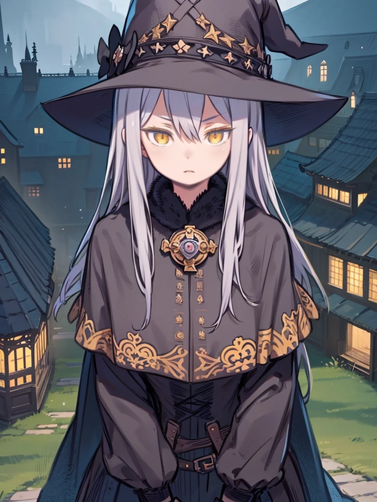 Woman wearing a big black witch hat and cape、young、Gray Hair, Pret vegetal, With a straight face, Yellow Eyes, character, anime, Roleplaying, Written by hand, Advanced Details, medieval city background