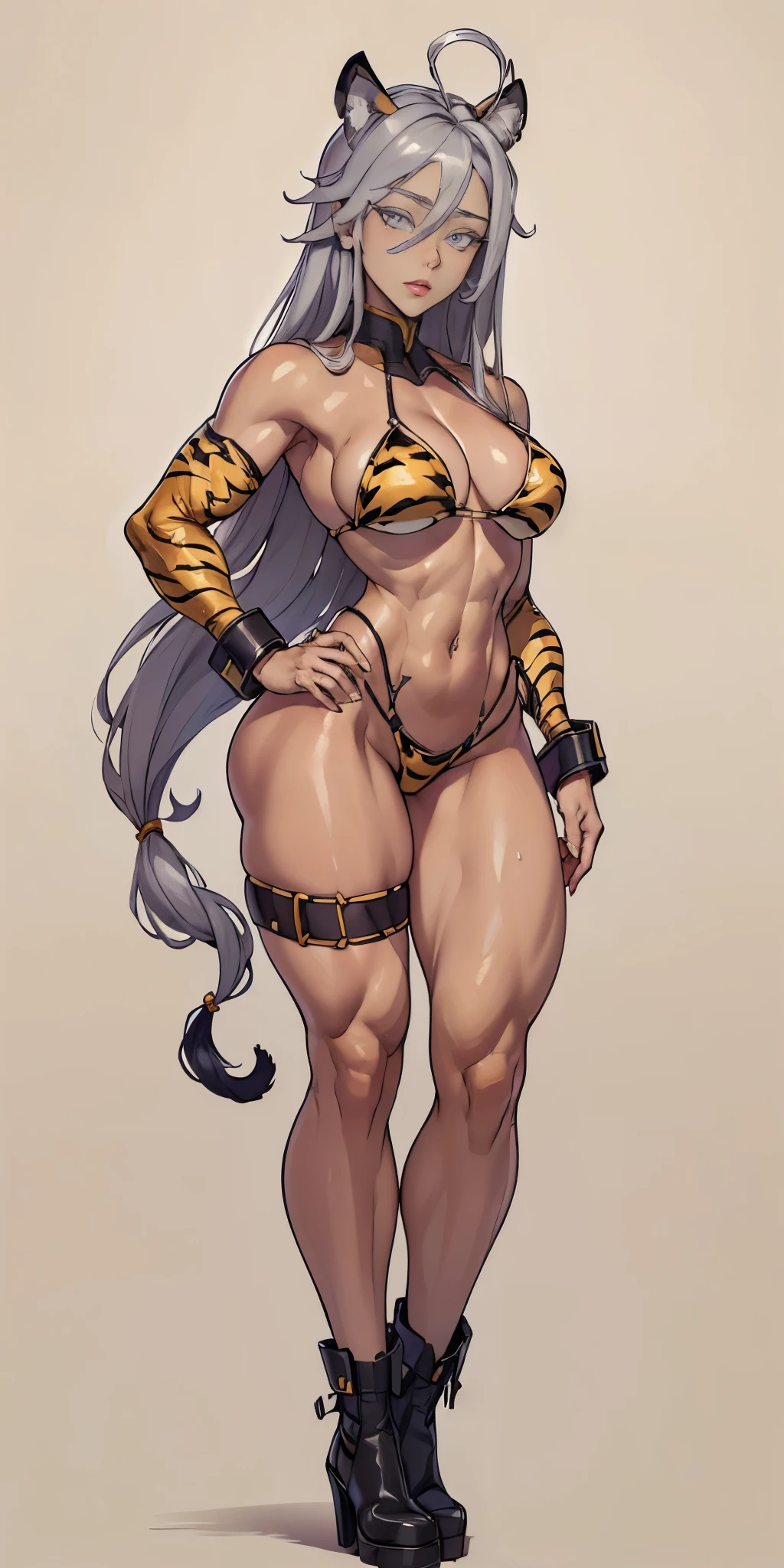 ((Masterpiece, plain background,1:2, masterpiece)) full body standing yellow tiger print BIKINI, hands on waist, navel, (Vladilena Milize) (grey eyes:1.5), grey hair, hair between eyes, long hair