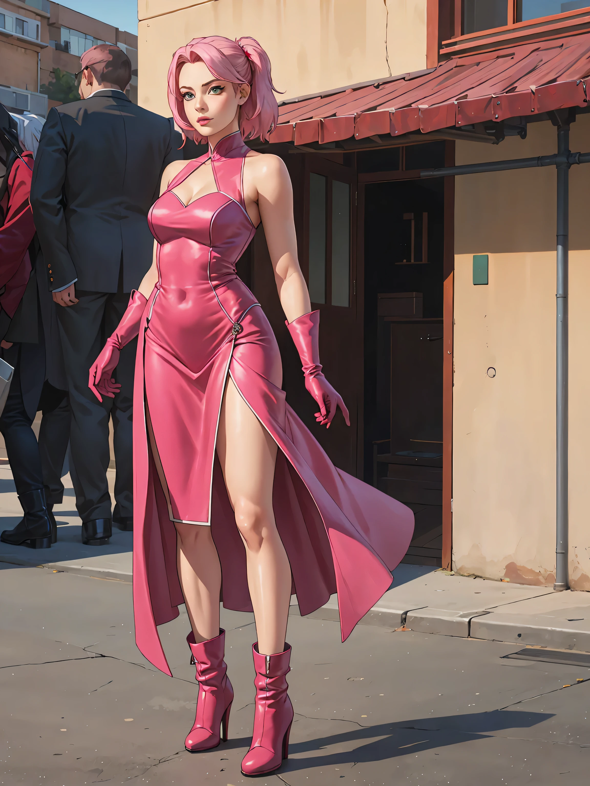 Full body, realistic, (1 beatiful woman, solo: 1.1), pink hair, pink dress, pink gloves, pink high heel boots