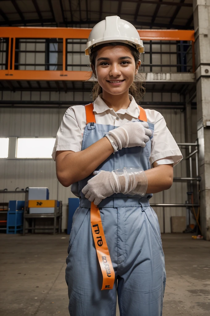 worker in a factory wearing orange suit with with giant gray duck tape in his left ang right, adhesive tape also on the bottom, factory worker smiling, Muito detalhado face of factory worker, in a factory, stood in a factory, fotografia industrial, fita de pato gigante, factory background, seguro para o trabalho. cinematic, manufacturing, Introduction Factory photo, fotografia de retrato, retrato grande, inspect in inventory image, vividamente melhorado, detailed factory, Muito detalhado, imagem realista, 16k resolution, factory worker wearing white helmet, 4k