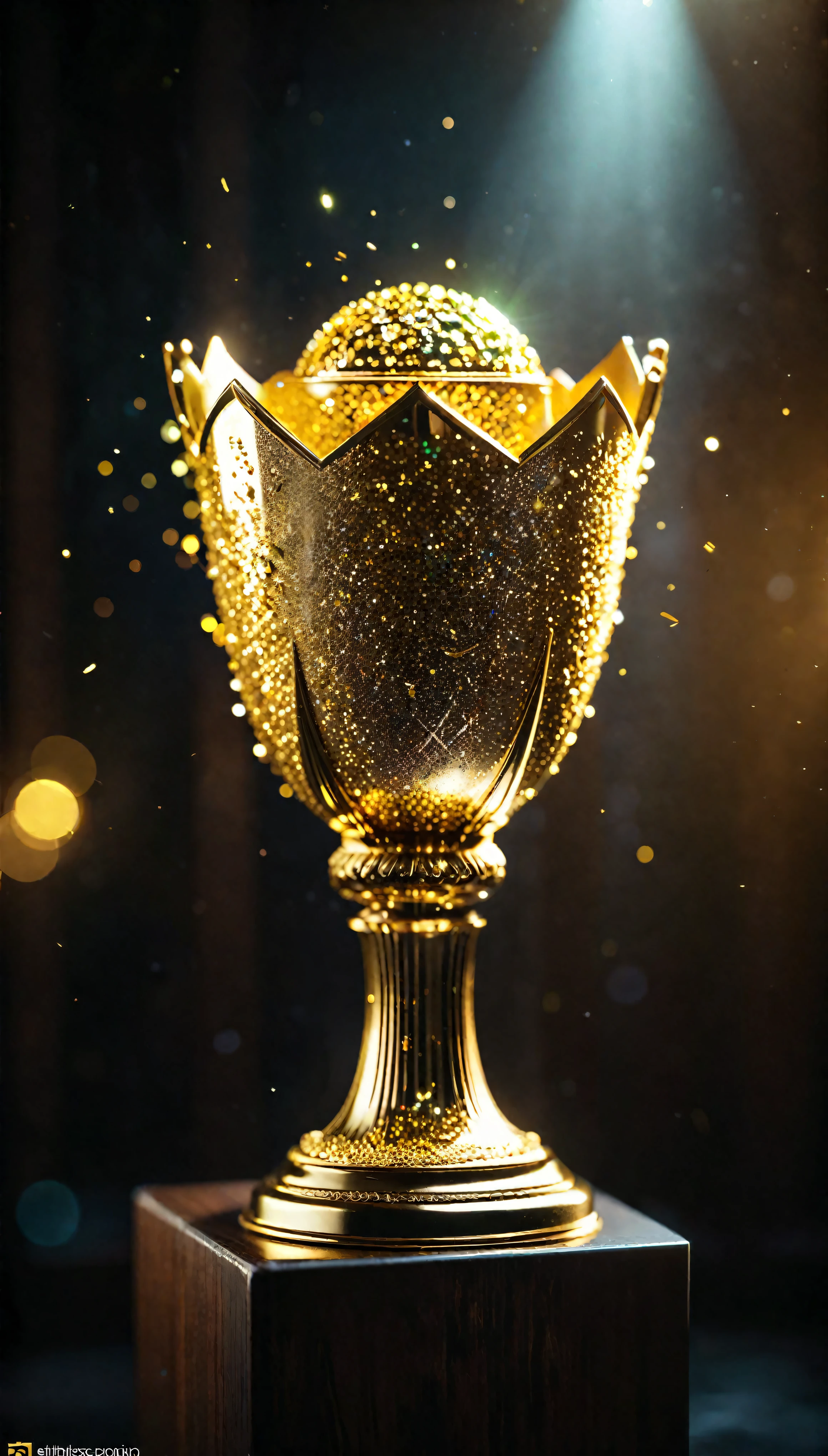 ((Masterpiece in maximum 16K resolution):1.6),((soft_color_photograpy:)1.5), ((Ultra-Detailed):1.4),((Movie-like still images and dynamic angles):1.3). | (Macro shot photo of exotic Gold trophy with glitters), (an exotic Gold trophy), (glitters), (macro lens), (exotic animal), (exotic design), (majestic atmosphere), (aesthetic photography style), (visual experience),(Realism), (Realistic),award-winning graphics, dark shot, film grain, extremely detailed, Digital Art, rtx, Unreal Engine, scene concept anti glare effect, All captured with sharp focus. | Rendered in ultra-high definition with UHD and retina quality, this masterpiece ensures anatomical correctness and textured skin with super detail. With a focus on high quality and accuracy, this award-winning portrayal captures every nuance in stunning 16k resolution, immersing viewers in its lifelike depiction. | ((perfect_composition, perfect_design, perfect_layout, perfect_detail, ultra_detailed)), ((enhance_all, fix_everything)), More Detail, Enhance.