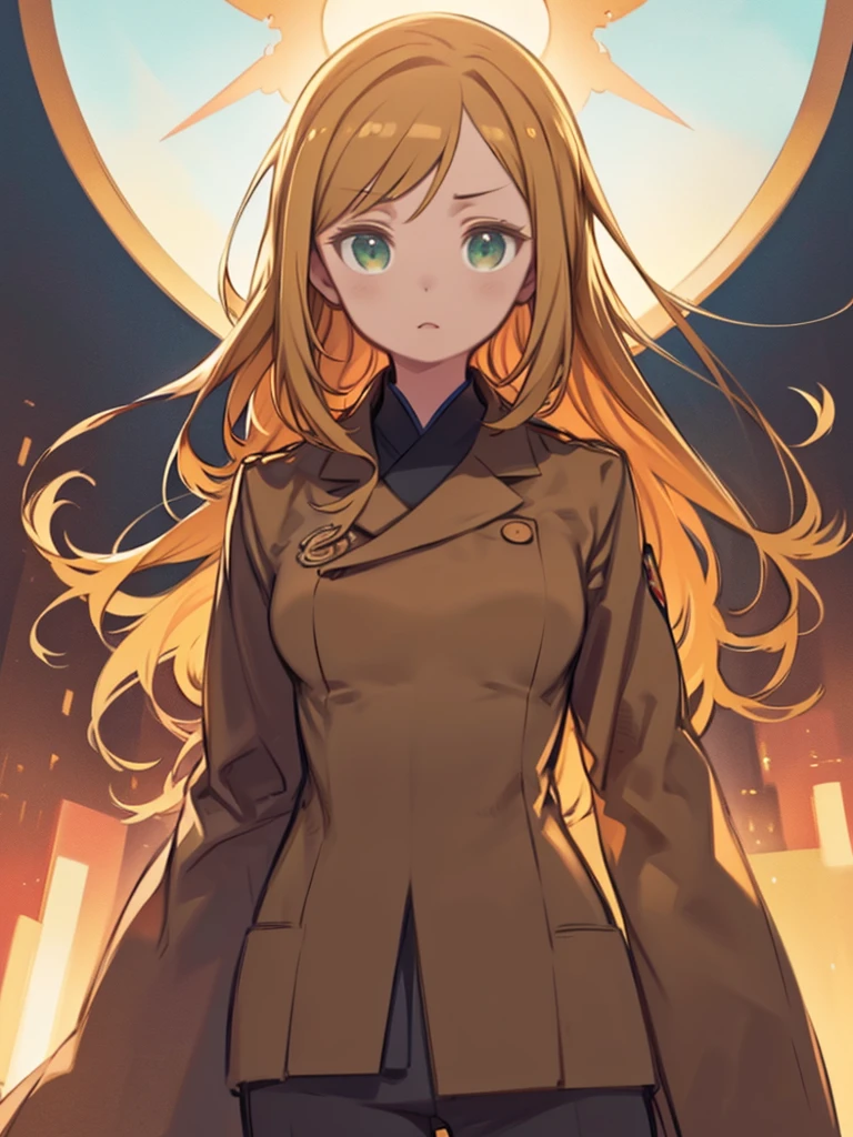 銃を手に持ちジャケットを着たwoman、(masterpiece, highest quality:1.2), Expressive eyes, Perfect Face, High resolution, One girl, alone, (woman:1.5)、 Green Eyes, Blonde, Long Hair, Brown coat, Food, Brown pants, Large Breasts, Are standing, Upper Body, Looking at the audience
