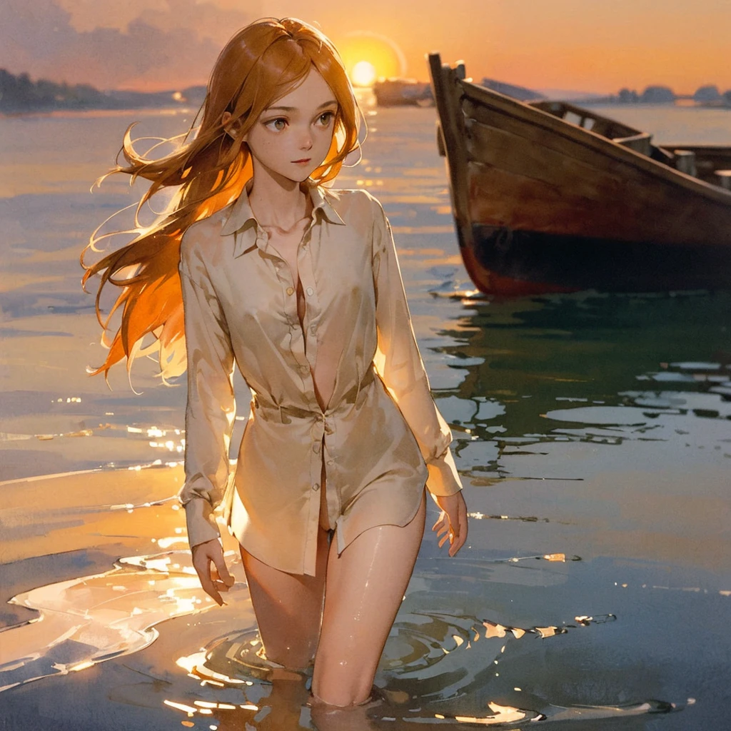 Beautiful slender thin exquisite (nude) girl 16 years old with a perfect face of the southern type with red hair with tender breasts with tender nipples barefoot with bare hips ((with red pubic hairs)) ((in an unbuttoned orange shirt over a naked body and very wide, long, loose, flared culottes)) walks along a brick road in the middle of a flowering field, in a gentle watercolor style, Discreet shades, sfumato, haze, diffused dim light, delicate mint shades, imitation of film photography, sunset lighting, Warm evening shades, warm golden and olive sunset light