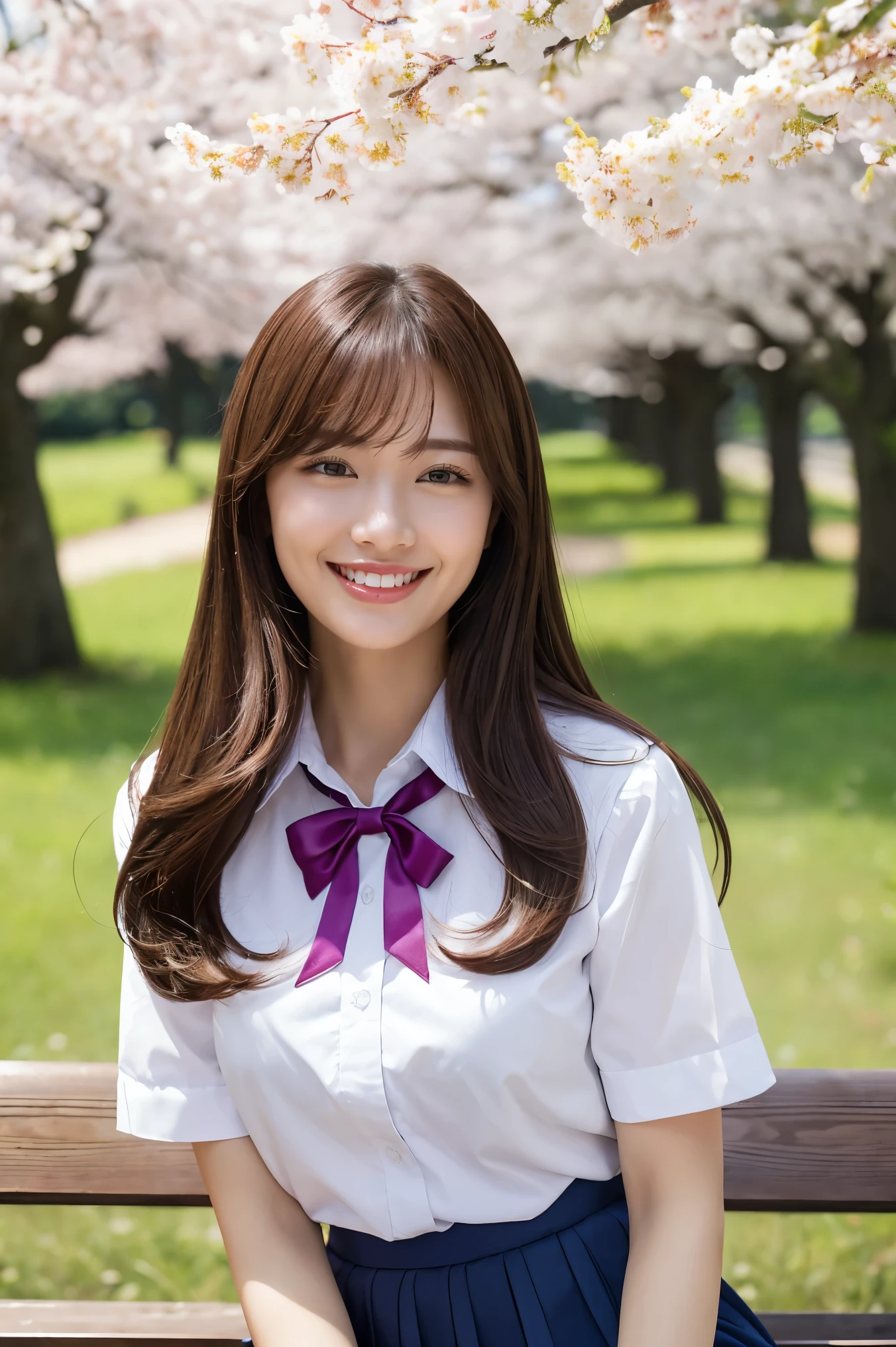 (highest quality、Tabletop、8k、Best image quality、Award-winning works)、One high school girl、16 years old、(alone:1.1)、Perfect beautiful composition、(Large Breasts:1.2)、(Accentuate your body lines:1.1)、(Voluptuous body:1.1)、(Perfect and accurate polyester shirt:1.1)、(Navy Pleated Skirt:1.1)、(uniform ribbon on chest:1.1)、(sitting on a park bench:1.1)、(Thick legs:1.2)、(One of the most natural and perfect benches:1.2)、(The most accurate bench, Perfectly crafted:1.1)、(The biggest smile is looking at me:1.1)、(Smiling with perfect beautiful teeth:1.1)、(Beautiful park background with strong blur:1.1)、The most natural and perfect beauty park、Perfectly maintained park、Natural Makeup、(美しいThick legs:1.2)、Ultra-high definition beauty face、Ultra HD Hair、Ultra HD Shining Eyes、(Ultra-high resolution glossy skin:1.1)、Super high quality glossy lip、(Accurate ???????:1.1)、(very bright and vivid:1.1)、Cherry tree in the distance、(Perfect and precise hands:1.1)