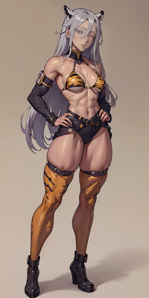 ((Masterpiece, plain background,1:2, masterpiece)) full body standing straight symmetrical against contrapposto yellow tiger print BIKINI stockings sleeves, hands on waist hips, navel, (Vladilena Milize) (grey eyes:1.5) grey long hair, hair between eyelashes