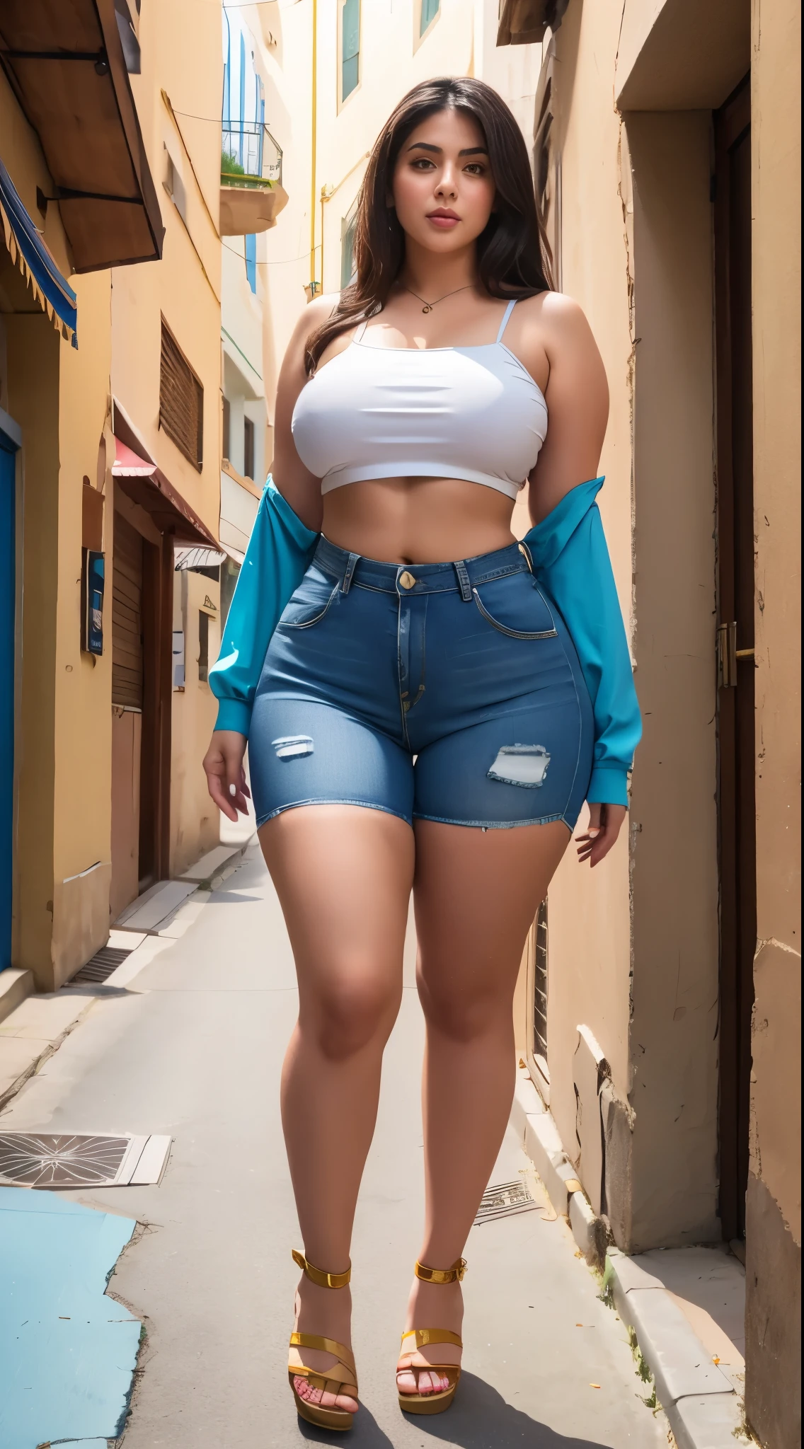 A woman in a white top and blue shorts is walking down a street - SeaArt AI