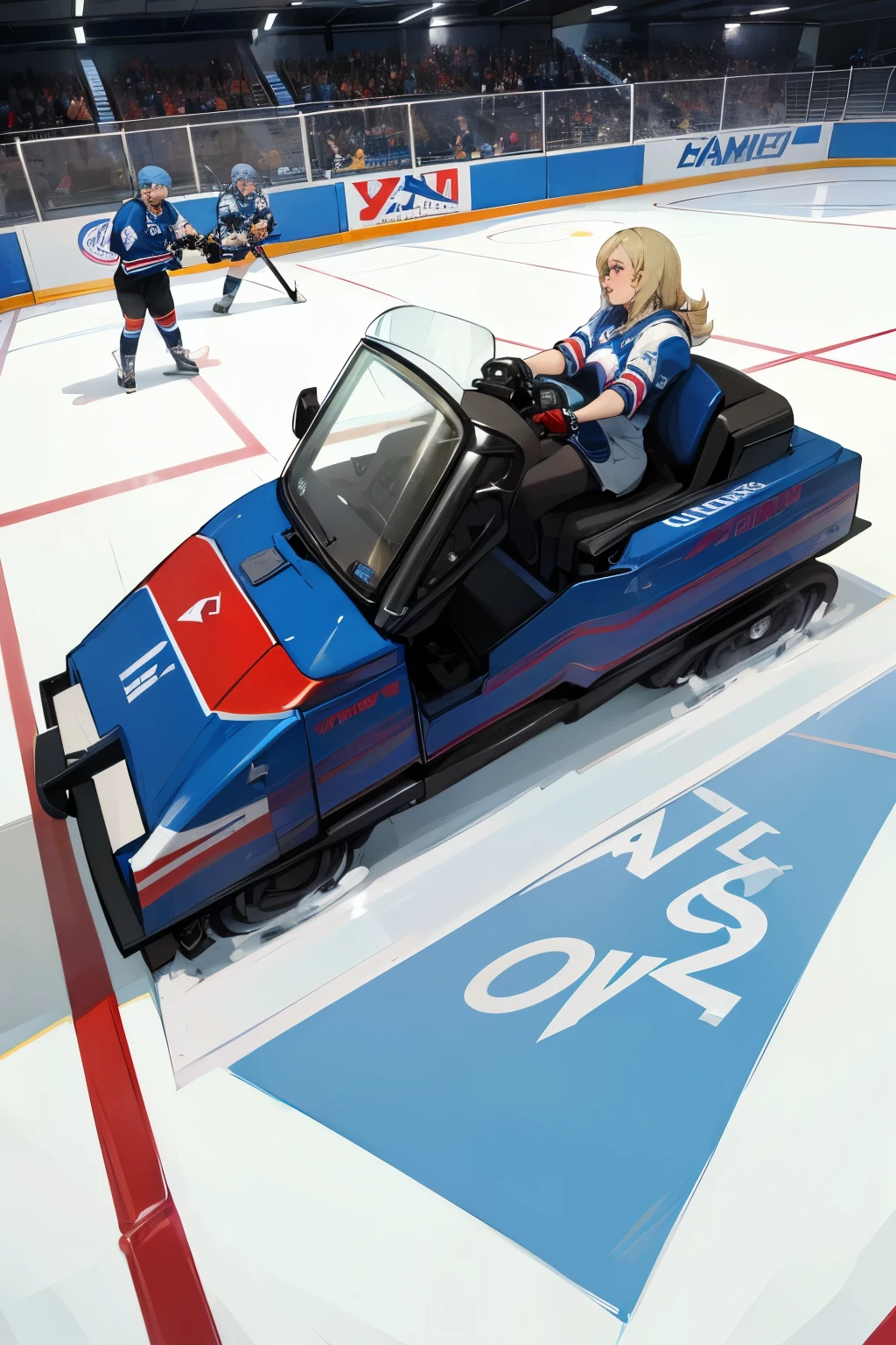 (a game:Hockey),(New York Rangers),(Zamboni), (blonde woman driving),(on ice rink), (hockey players on ice).