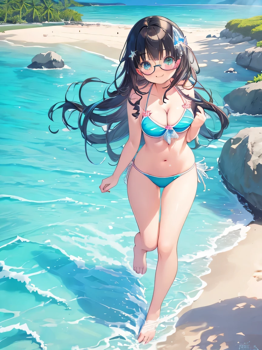 ((masterpiece)), ((best quality)), (ultra-detailed), ((kawaii)), cute, (lovely), illustration, anime style, full body, chest focus, 1girl, cute girl, solo, (pastel color bikini swimsuit), ((cleavage)), (beautiful eyes), beautiful black hair, Long hair, slim, slender, medium breast, glasses, seductive smile, barefoot, Sandy beach with no one's footprints, Running along the coast, (Crystal Clear Sea:1.8), splash.
