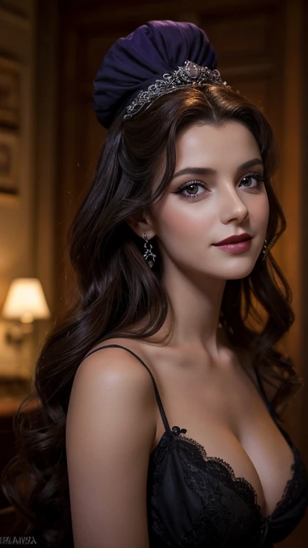Jeune femme de 25 ans, visage fin, cheveux long, yeux marrons, HD, 8K, masterpiece, sourire romantique, sexy, maquillage noir, black lips, tenue gothique, vêtements noirs et violets, toile d'araignée en dentelle, cheveux noirs et violets, dans un manoir, dracula, orage