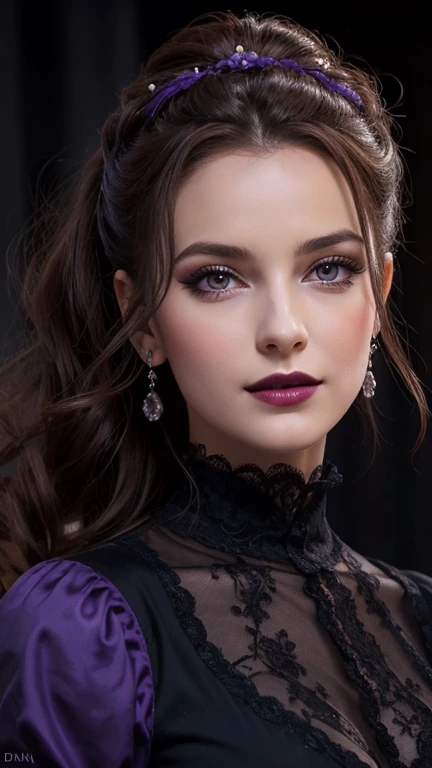 Jeune femme de 25 ans, visage fin, cheveux long, yeux marrons, HD, 8K, masterpiece, sourire romantique, sexy, maquillage noir, black lips, tenue gothique, vêtements noirs et violets, toile d'araignée en dentelle, cheveux noirs et violets, dans un manoir, dracula, orage