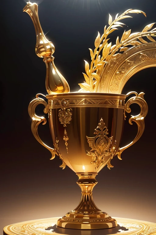 (best quality,4k,8k,highres,masterpiece:1.2),ultra-detailed,(realistic,photorealistic,photo-realistic:1.37),golden trophy,shiny,exquisite,great details,sparkling reflections,ornate base,glowing aura,illuminated scene,striking centerpiece,elegant curves,impressive size,decorative engravings,prestigious award,celebratory atmosphere,lush greenery,bright sunlight,soft shadows,dramatic lighting,captivating backdrop,vibrant colors,magnificent trophy presentation,grand stage setting,glittering triumph,majestic achievement,elation and pride,focus on winner's excitement,admiration and applause,inspiring moment,motivational scene,epic victory