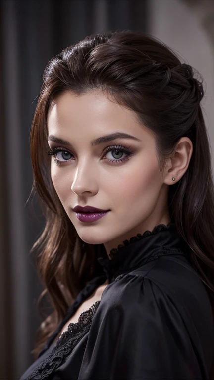 Jeune femme de 25 ans, visage fin, cheveux long, yeux marrons, HD, 8K, masterpiece, sourire romantique, sexy, maquillage ????, black lips, tenue gothique, vêtements noirs et violets, toile d'araignée en dentelle, cheveux noirs et violets, dans un manoir, dracula, orage