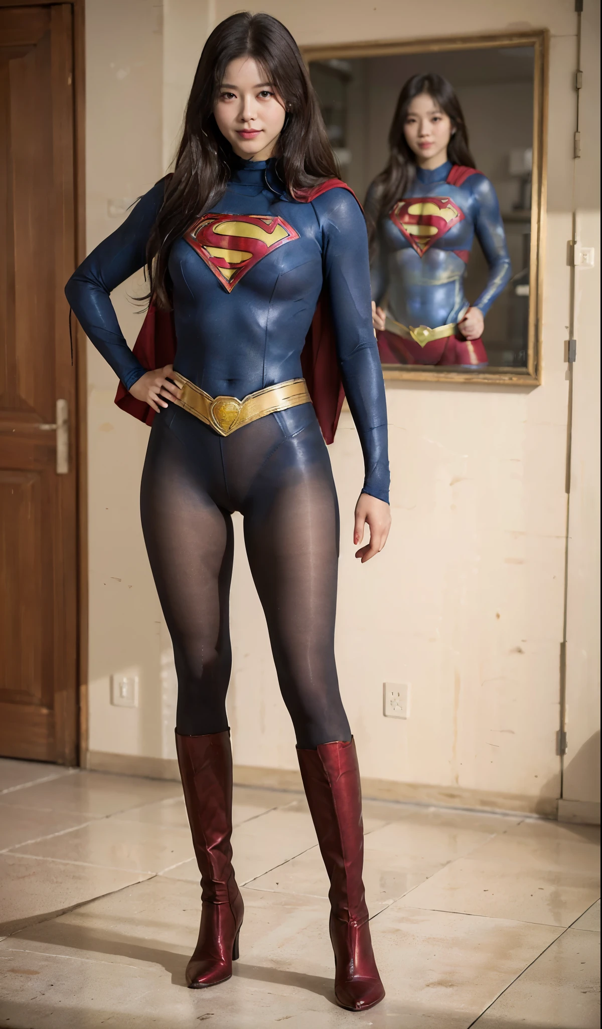 No background、(((Beautiful legs in black tights.)))、(((Legally express the beauty of your smile)))、((((Make the most of your original images)))、(((Supergirl Costume)))、(((ボディにフィットしたSupergirl Costume)))、(((Beautiful Hair)))、(((Smiles and winks)))、(((Please wear black tights....、Wear red boots)))、((Best image quality、8k))、((highest quality、8k、masterpiece:1.3))、(((Preserve background )))、Sharp focus:1.2、Beautiful woman with perfect figure:1.4、Slim Abs:1.2、Wet body:1.5、Highly detailed face and skin texture、8k