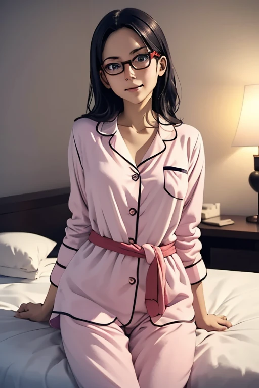 (masterpiece, highest quality), One Girl, Satou, Satou, Glasses, pajamas, Satou, Glasses, 赤いフレームのGlasses, In bed:1.5,Head to waist,Hotel Rooms,pajamas姿,